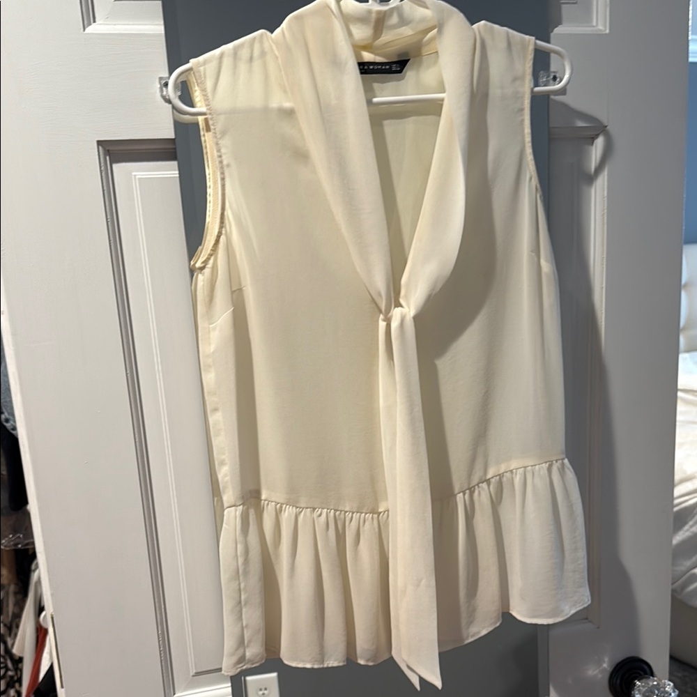 Zara Cream Sleeveless Ruffled Tie Front Blouse